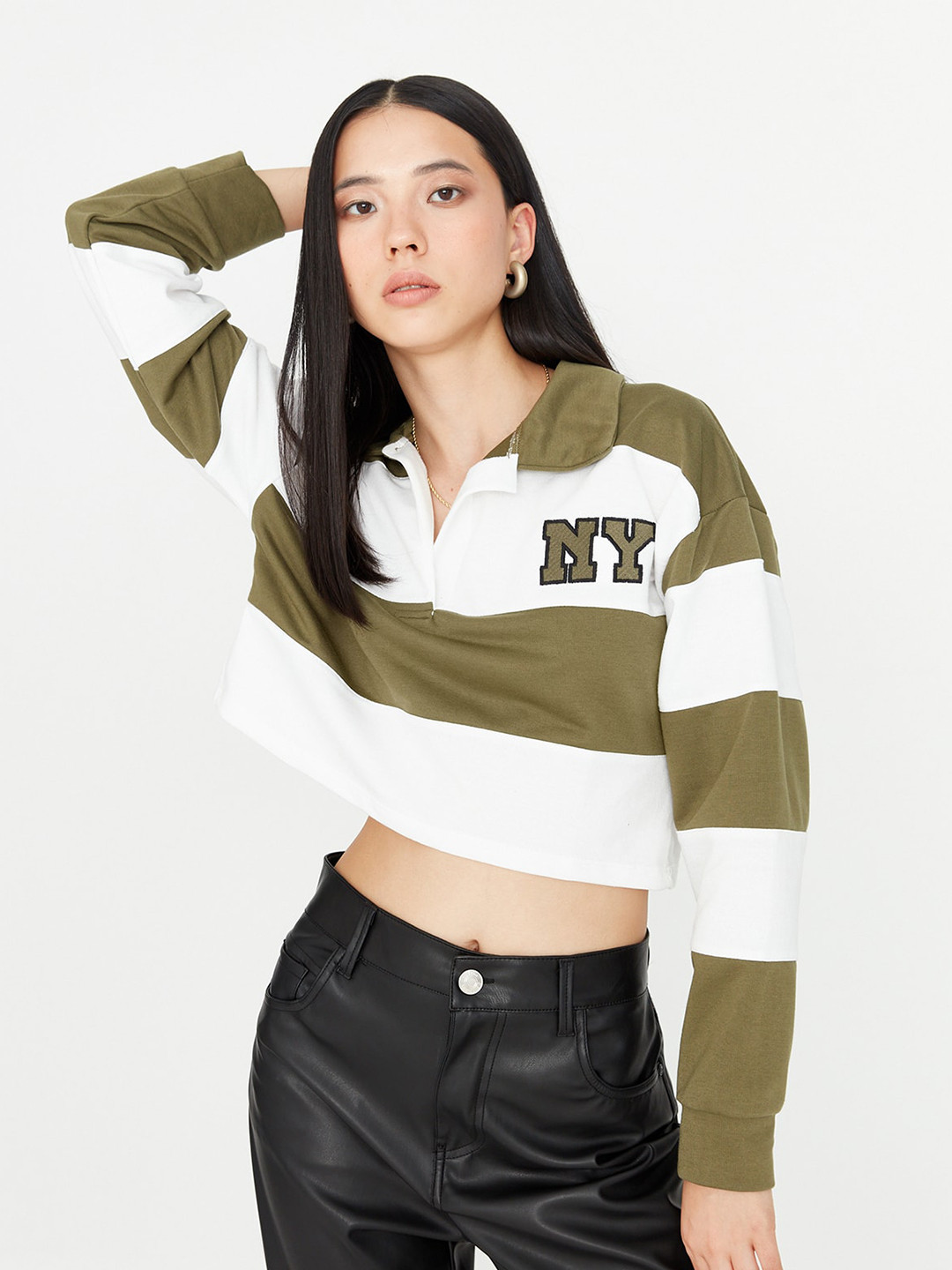 

Trendyol Striped Long Sleeves Boxy Fit Crop Top, Khaki
