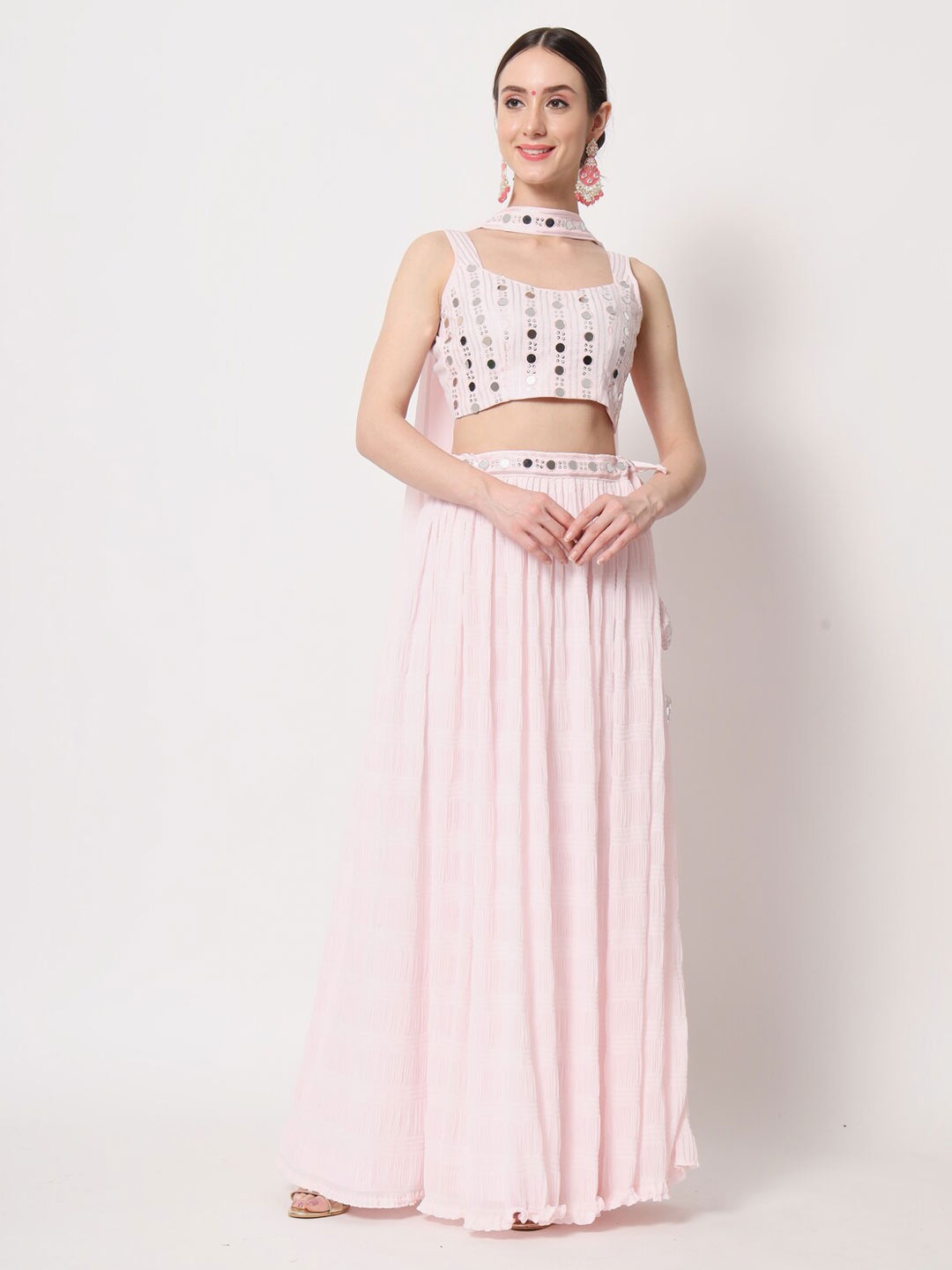 

Exclusiva Embellished Mirror Work Semi-Stitched Lehenga & Unstitched Blouse With Dupatta, Pink