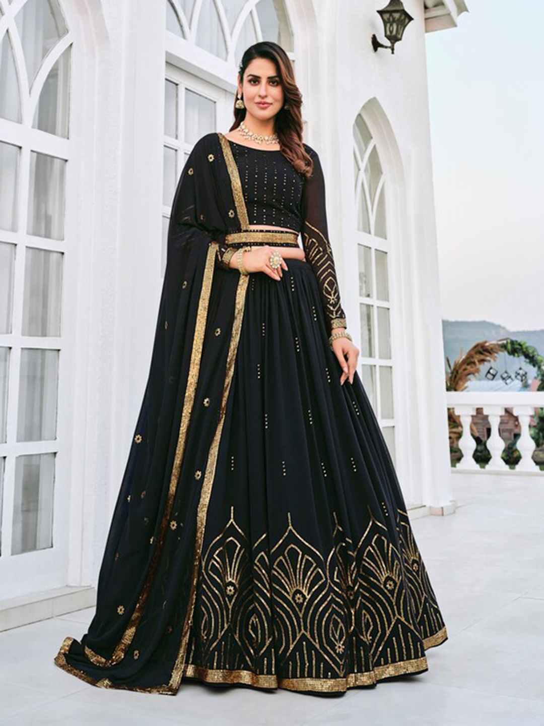 

Exclusiva Embellished Sequinned Semi-Stitched Lehenga & Unstitched Blouse With Dupatta, Black