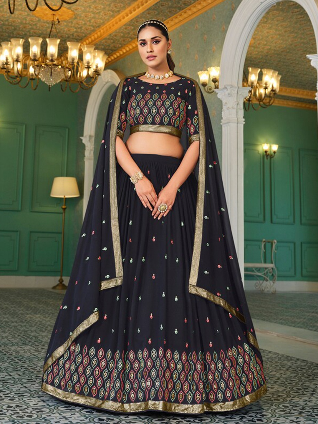 

Exclusiva Embroidered Semi-Stitched Lehenga & Unstitched Blouse With Dupatta, Navy blue