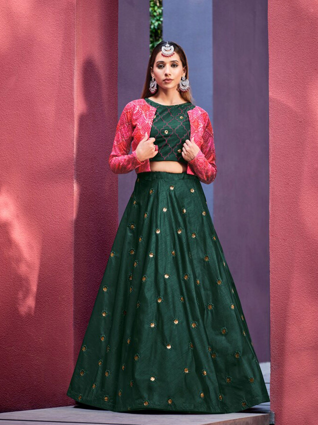 

Exclusiva Embroidered Semi-Stitched Lehenga & Unstitched Blouse With Jacket, Green