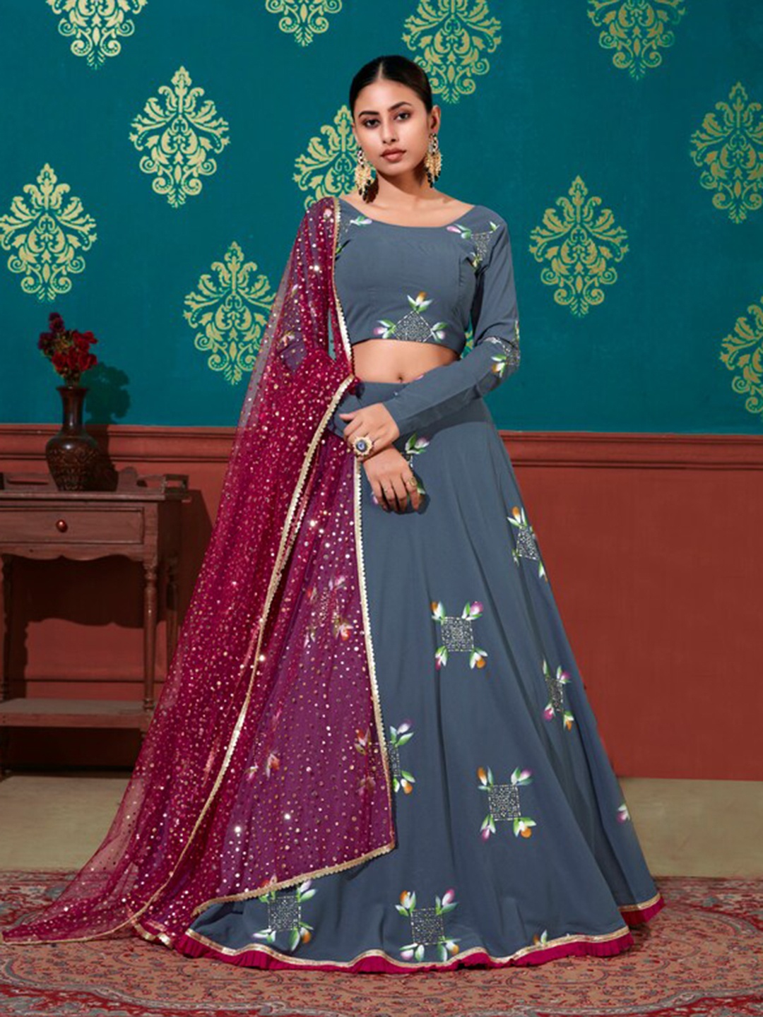 

Exclusiva Floral Printed Semi-Stitched Lehenga & Unstitched Blouse With Dupatta, Blue
