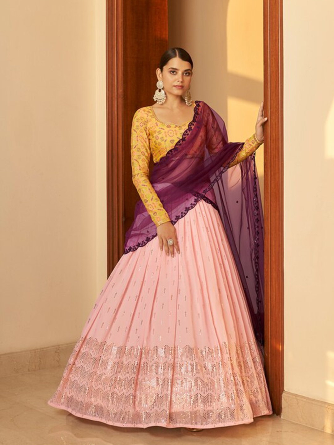 

Exclusiva Embroidered Sequinned Semi-Stitched Lehenga & Unstitched Blouse With Dupatta, Pink