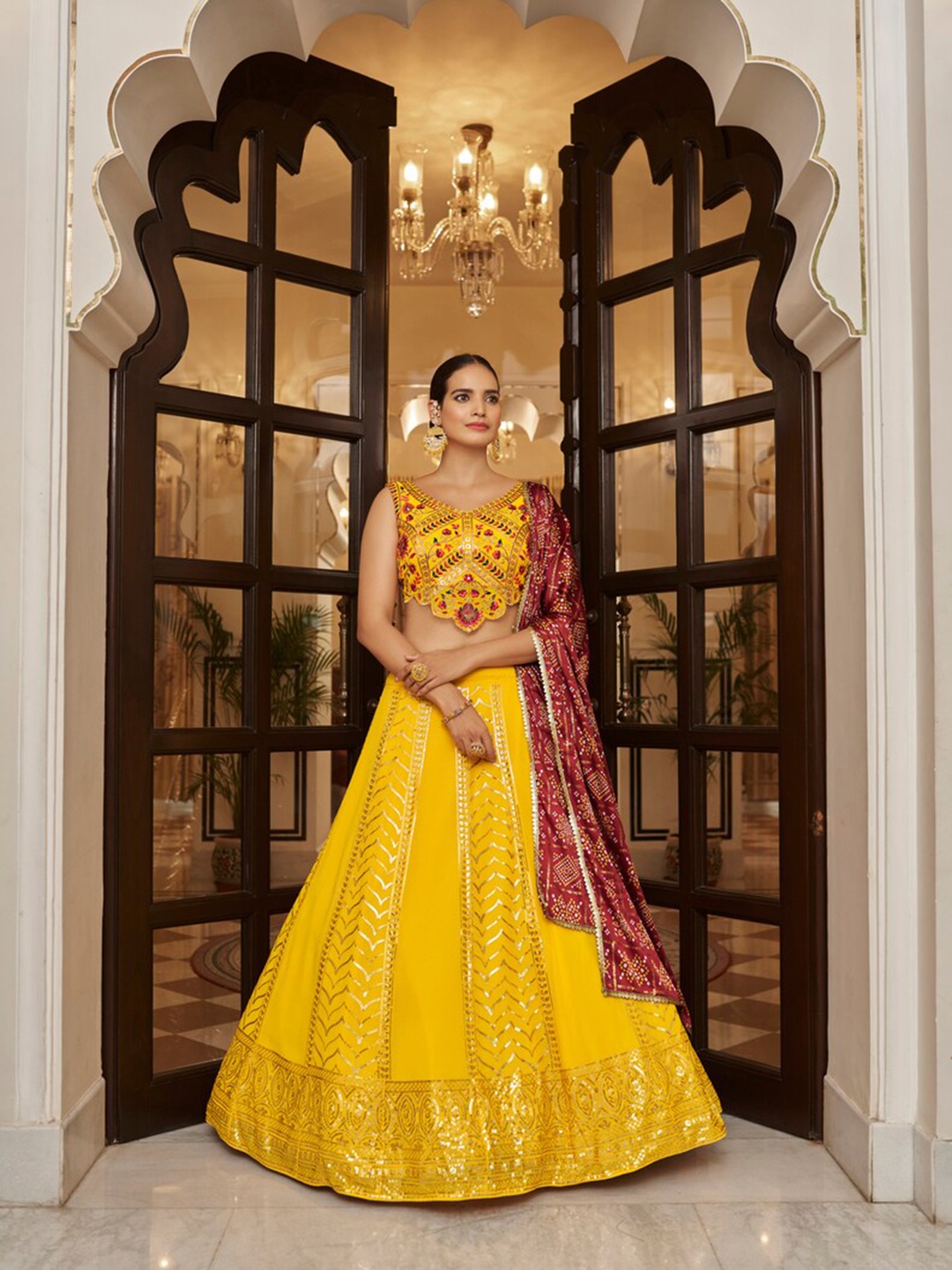 

Exclusiva Embroidered Sequinned Semi-Stitched Lehenga & Unstitched Blouse With Dupatta, Yellow