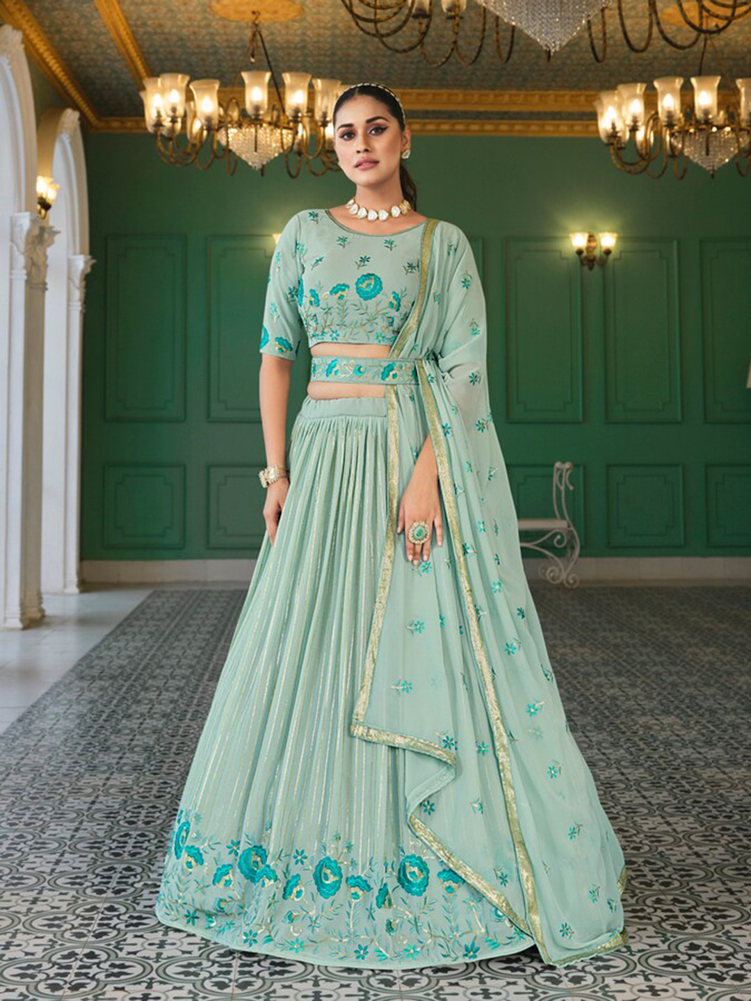 

Exclusiva Floral Embroidered Semi-Stitched Lehenga & Unstitched Blouse With Dupatta, Green
