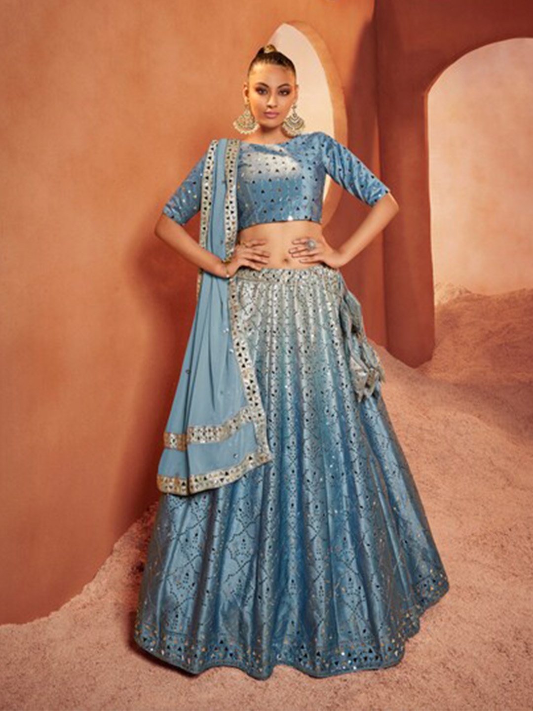 

Exclusiva Embellished Mirror Work Semi-Stitched Lehenga Choli With Dupatta, Blue