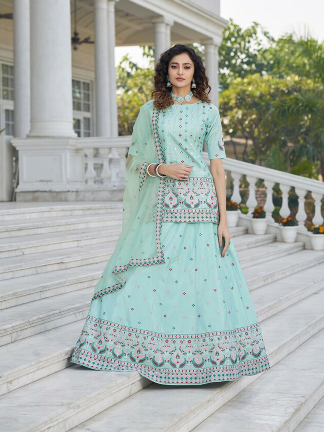 

Exclusiva Embellished Semi-Stitched Lehenga & Unstitched Blouse With Dupatta, Blue