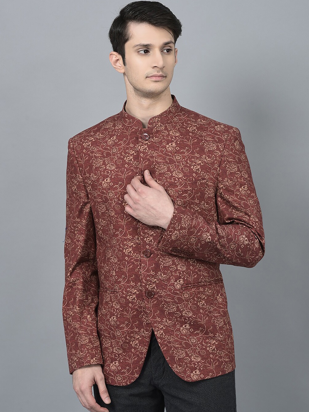 

CANOE Printed Comfort-Fit Bandhgala Ethnic Blazer, Maroon