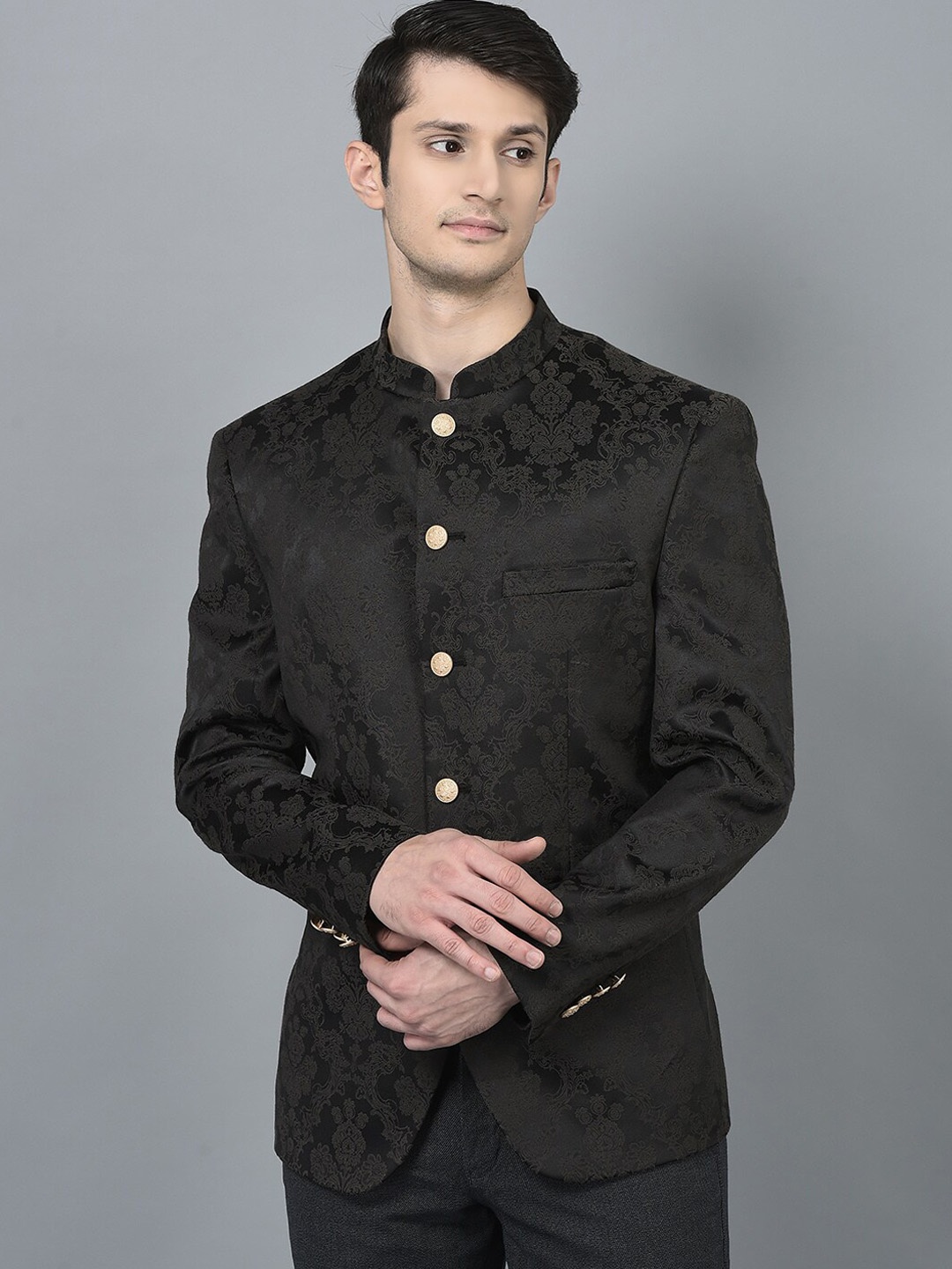 

CANOE Self Design Comfort Fit Bandhgala Blazer, Black