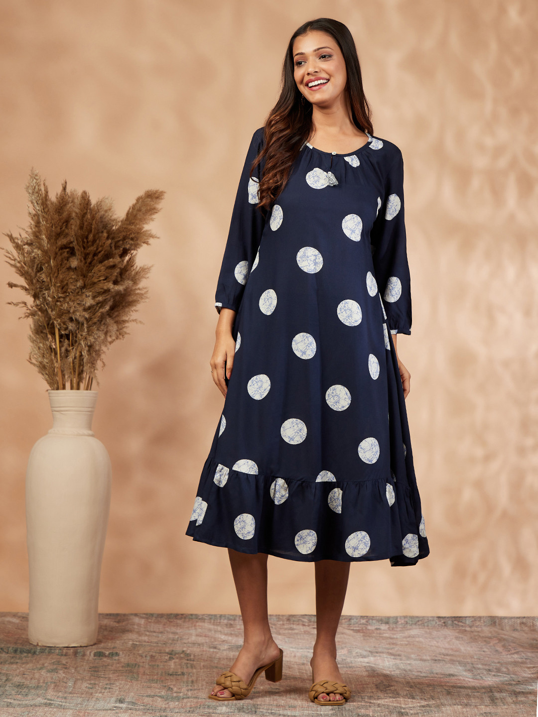 

IMARA Polka Dot Print A-Line Midi Dress, Navy blue