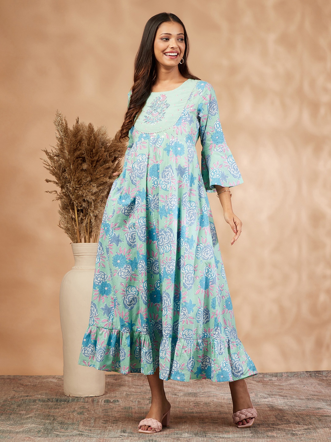 

IMARA Floral Printed Bell Sleeve Maxi Ethnic Dress, Green