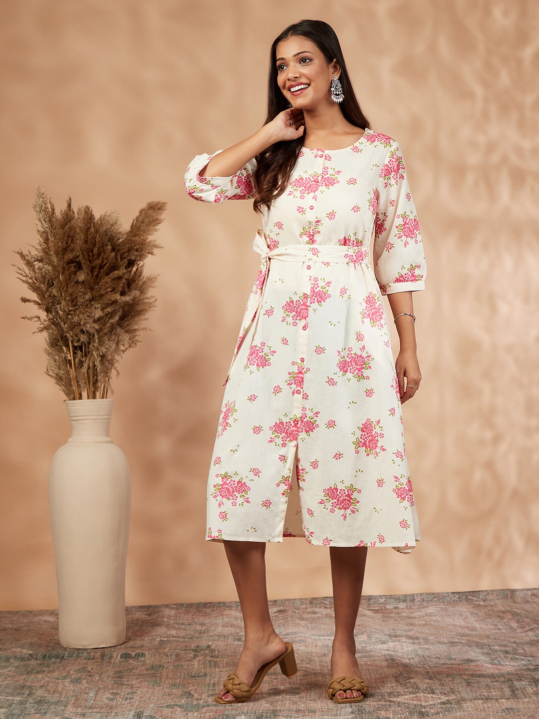 

IMARA Floral Print Fit & Flare Midi Dress, Off white