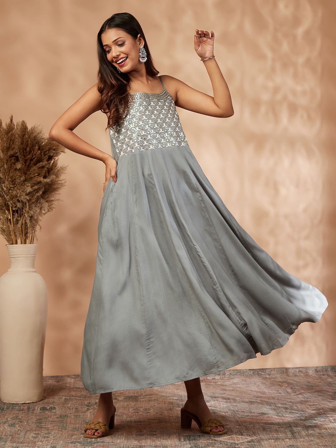 

IMARA Embellished Fit & Flare Maxi Dress, Grey