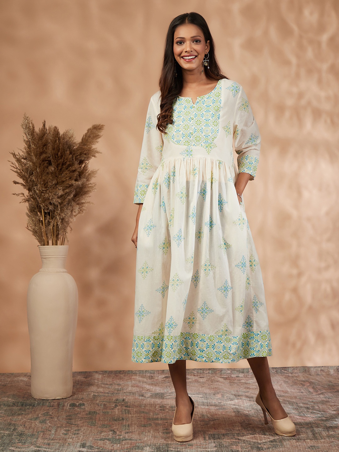 

IMARA Floral Printed Fit & Flare Midi Ethnic Dress, Off white