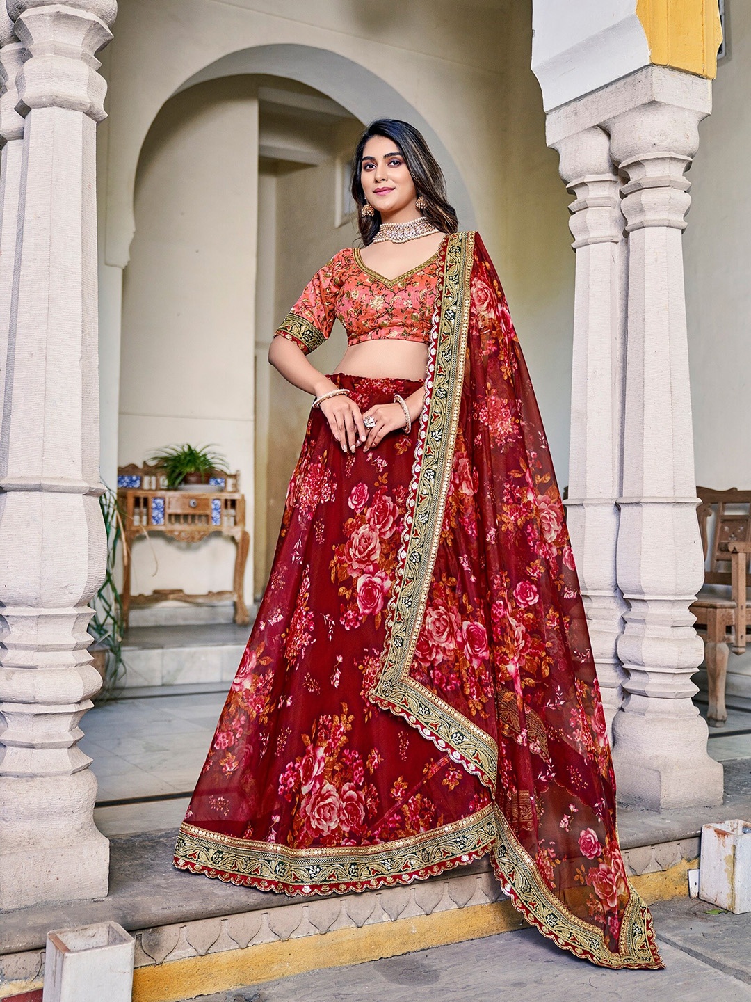 

LOOKNBOOK ART Red & Pink Embroidered Semi-Stitched Lehenga & Unstitched Blouse With Dupatta