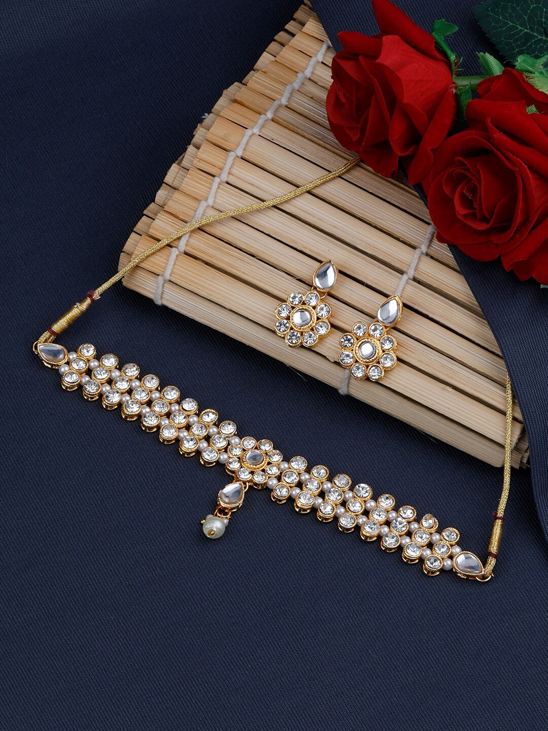 

Silver Shine Gold-Plated Stone Studded Choker Jewellery Set