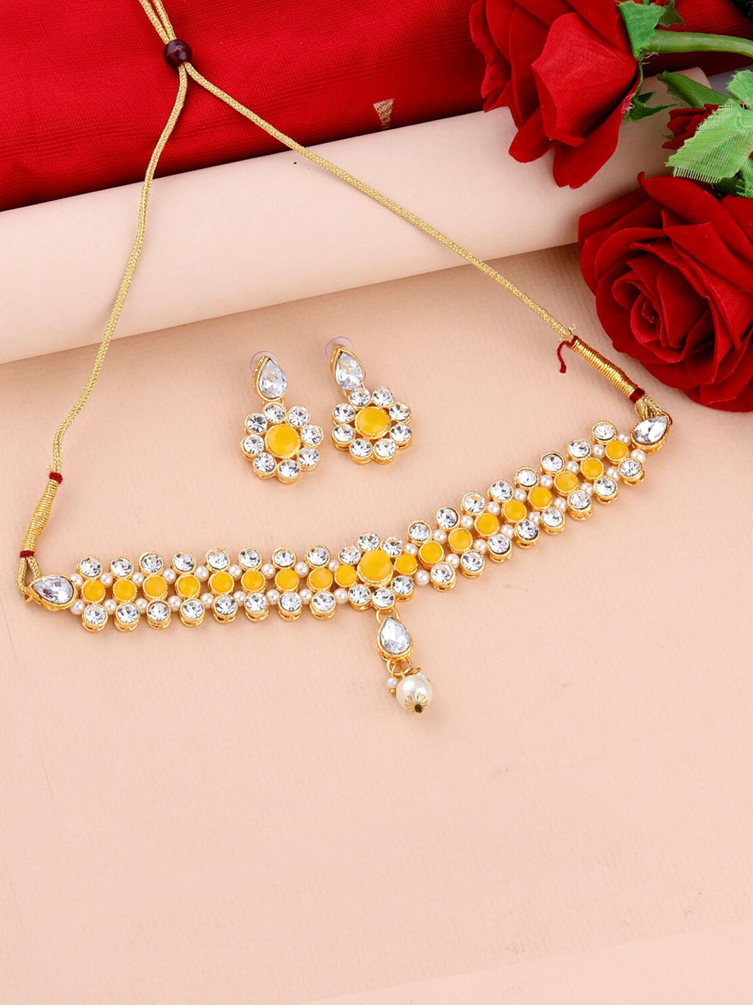 

Silver Shine Gold-Plated Stone Studded & Beaded Jewellery Set, Yellow