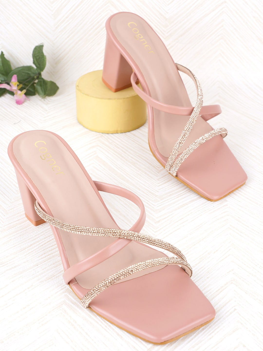 

Cogner Embellished Open Toe Block Heels, Peach