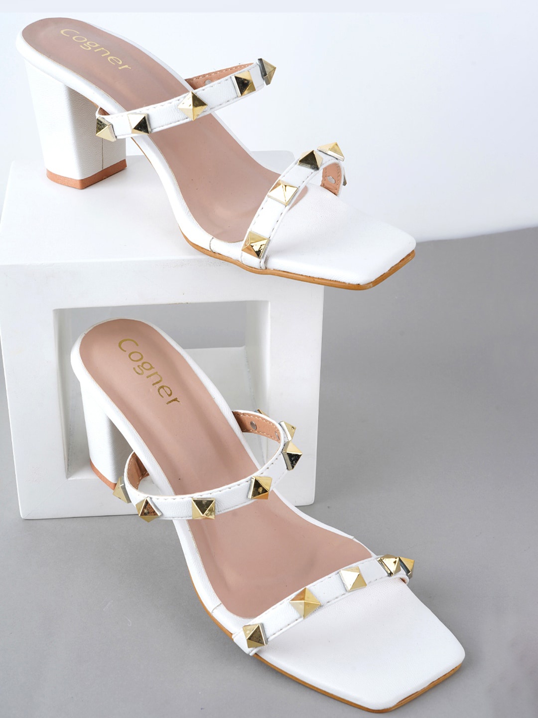 

Cogner Embellished Open Toe Block Heels, White