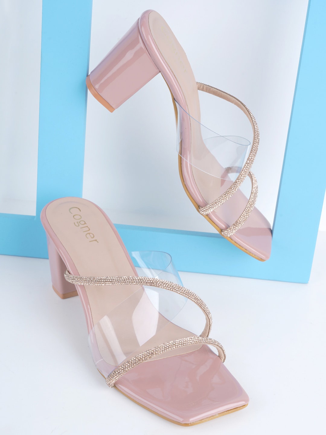 

Cogner Embellished Open Toe Block Heels, Peach