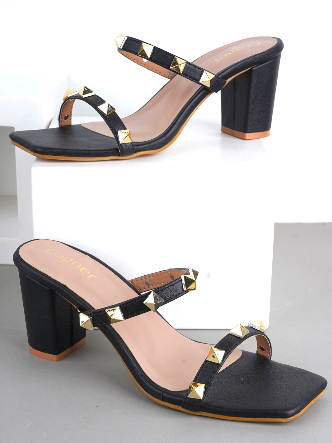

Cogner Embellished Open Toe Block Heels, Black