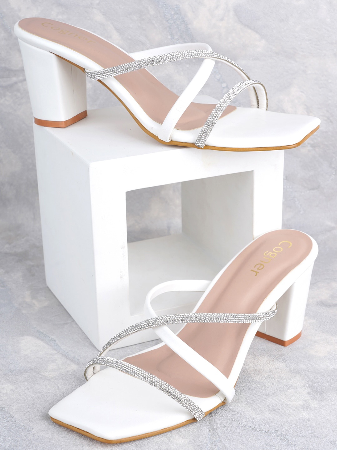 

Cogner Embellished Open Toe Block Heels, White