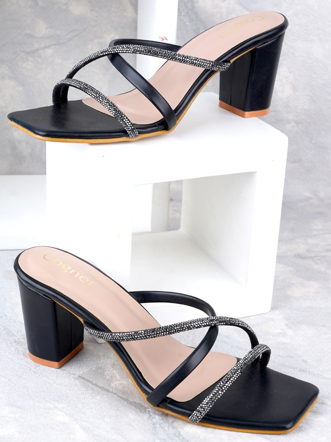 

Cogner Embellished Open Toe Block Heels, Black