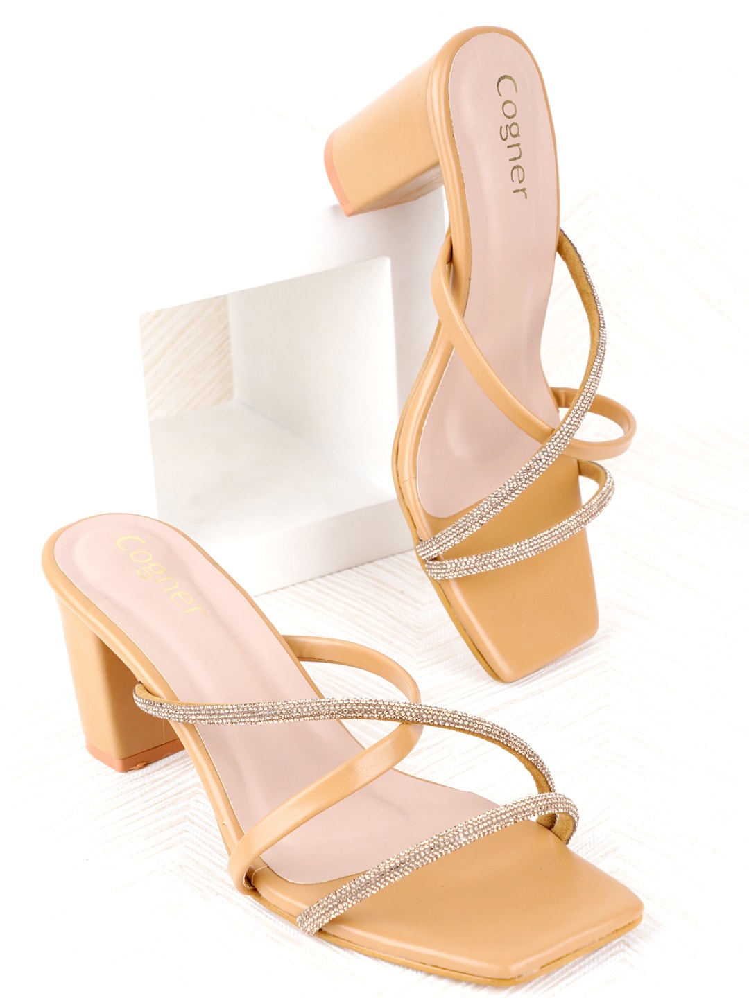 

Cogner Embellished Open Toe Block Heels, Tan