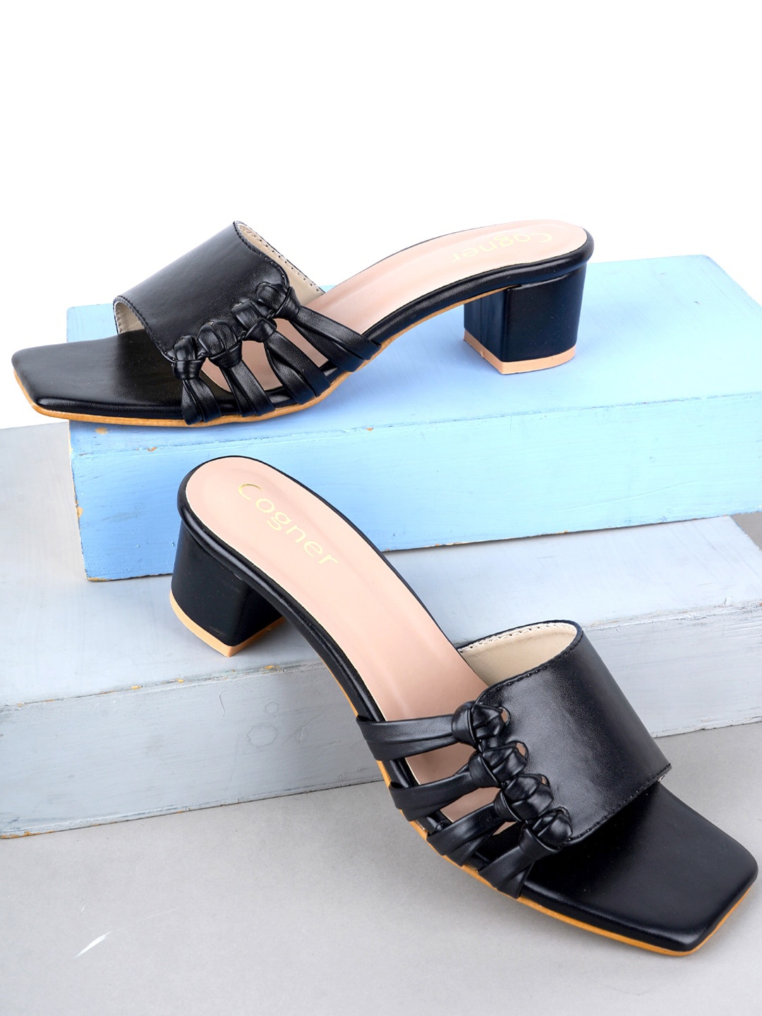 

Cogner Open Toe Block Heels, Black