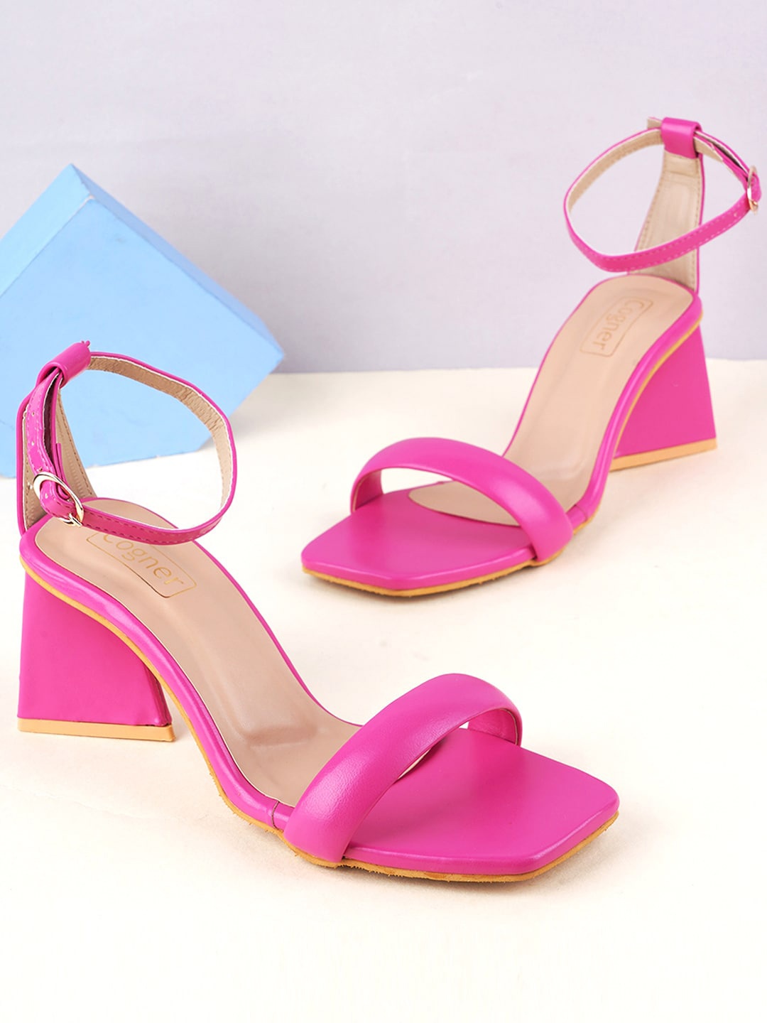 

Cogner Ankle Looped Triangle Block Heels, Pink