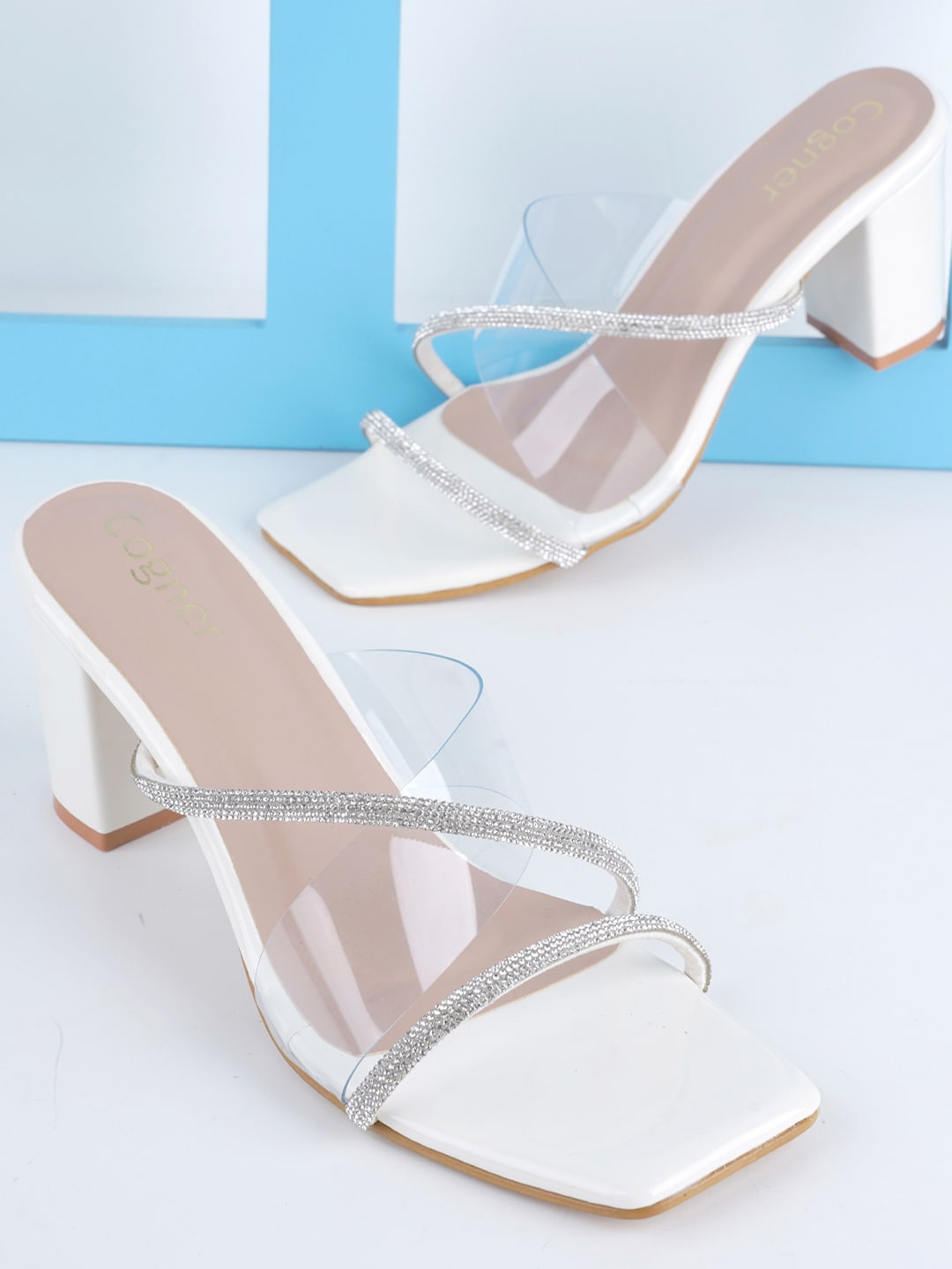 

Cogner Embellished Open Toe Block Heels, White