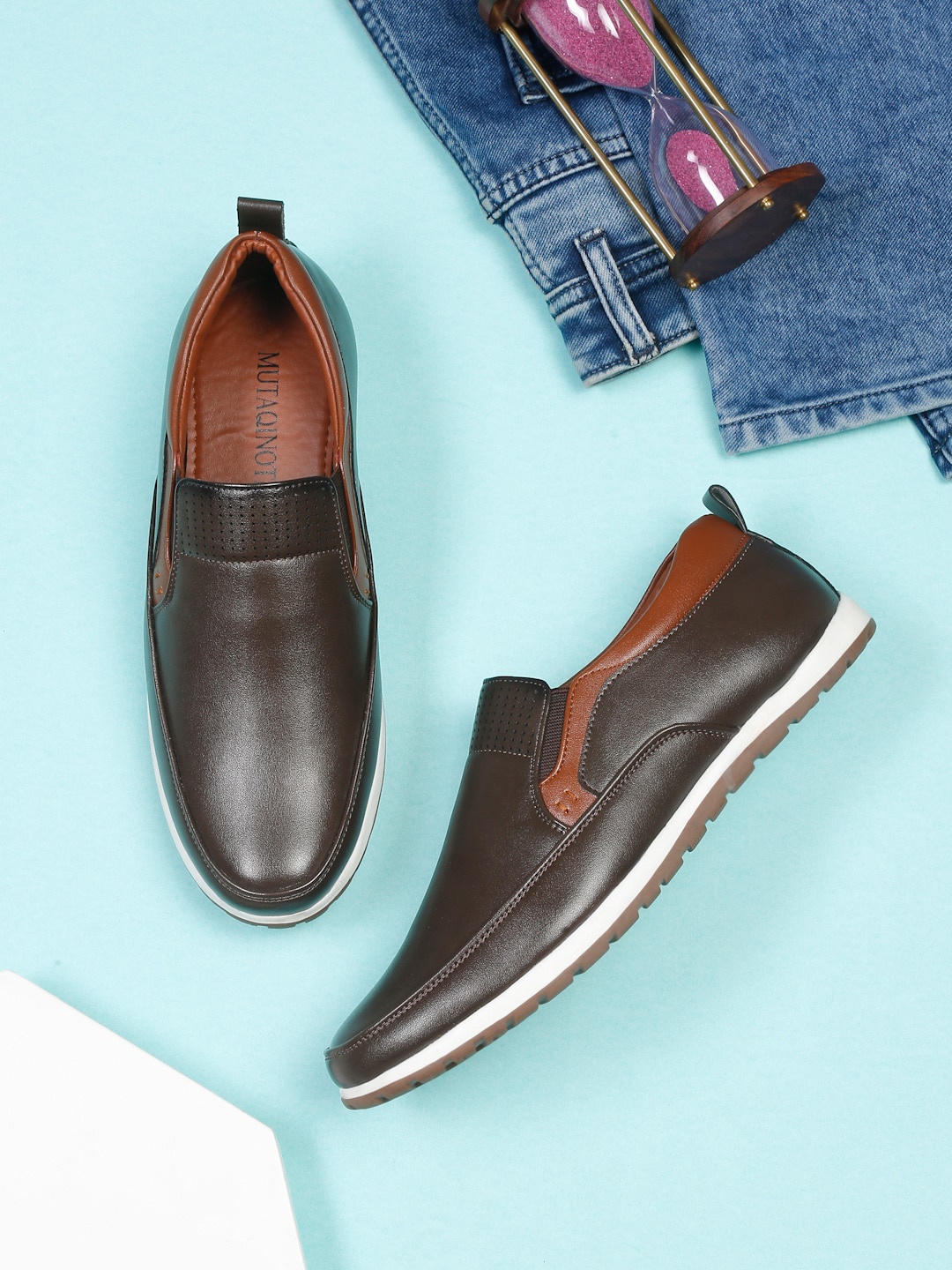 

MUTAQINOTI Men Perforated Vegan Leather Lightweight Slip-On Sneakers, Brown