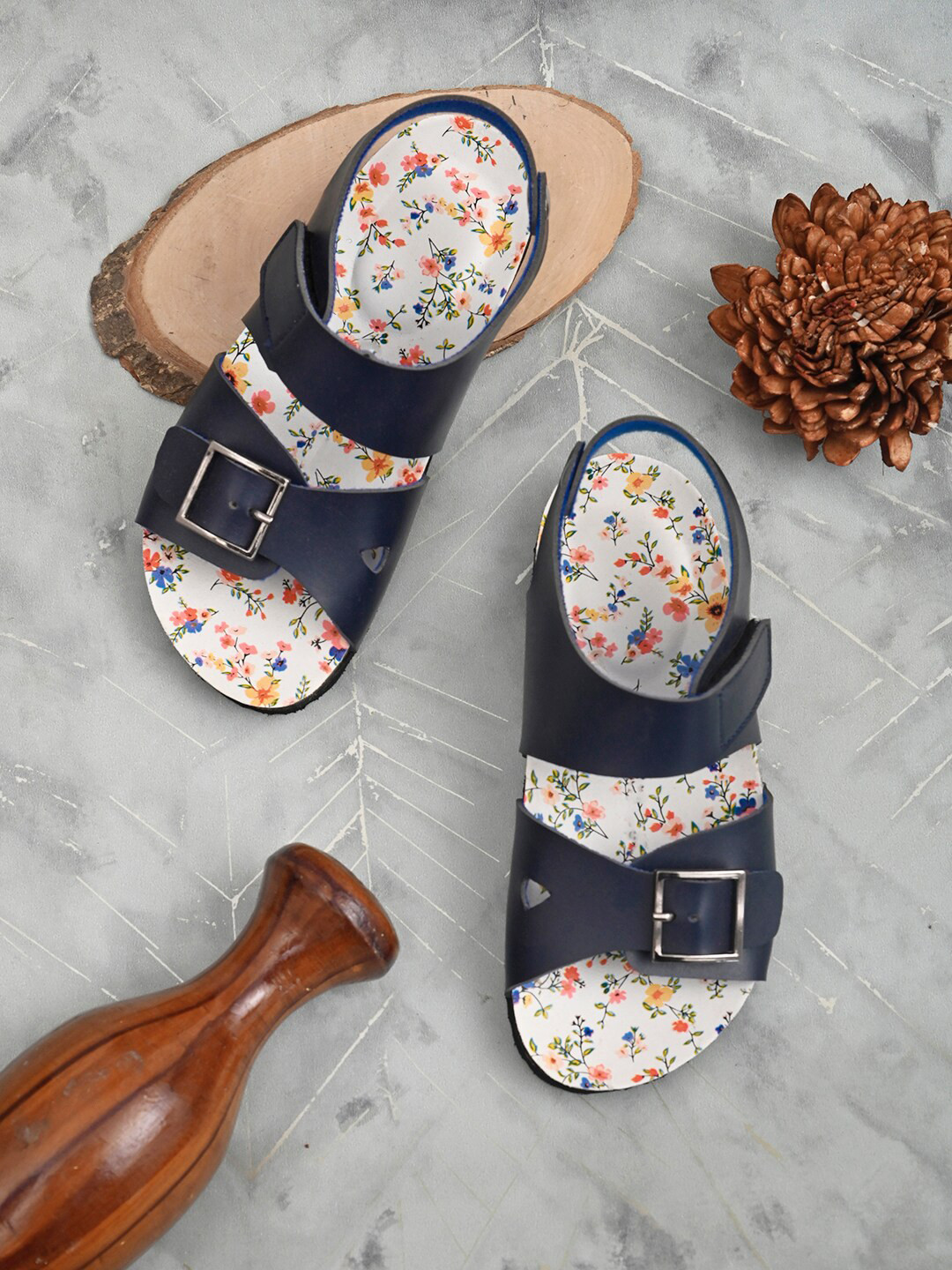

BRISKERS Girls Printed Open Toe Flats With Buckle Detail, Navy blue