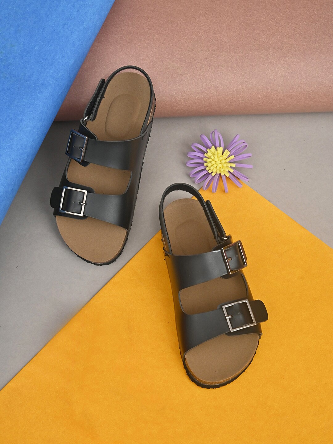 

BRISKERS Girls Open Toe Flats With Buckles, Black
