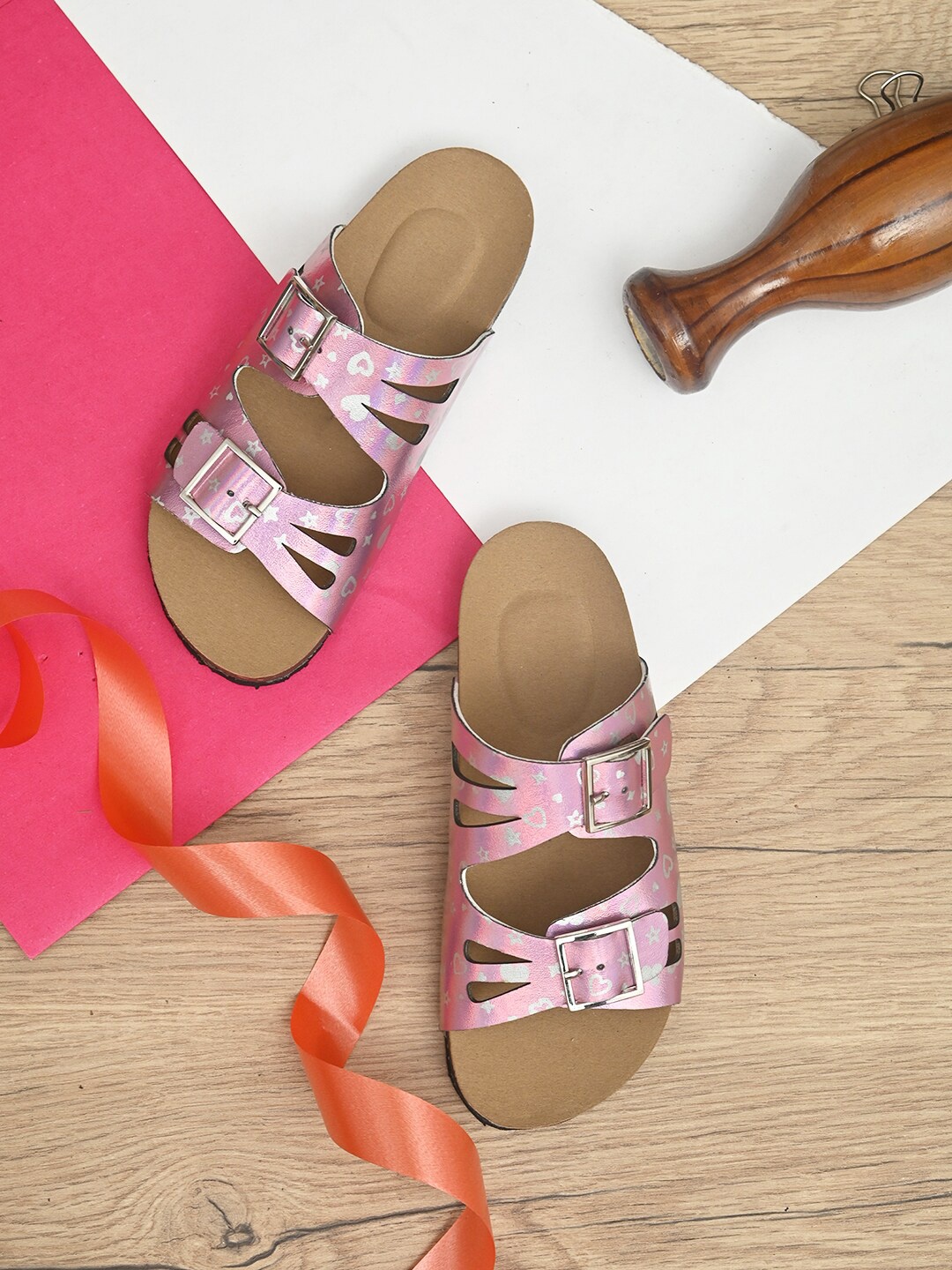 

BRISKERS Girls Printed Open Toe Flats With Buckles, Pink