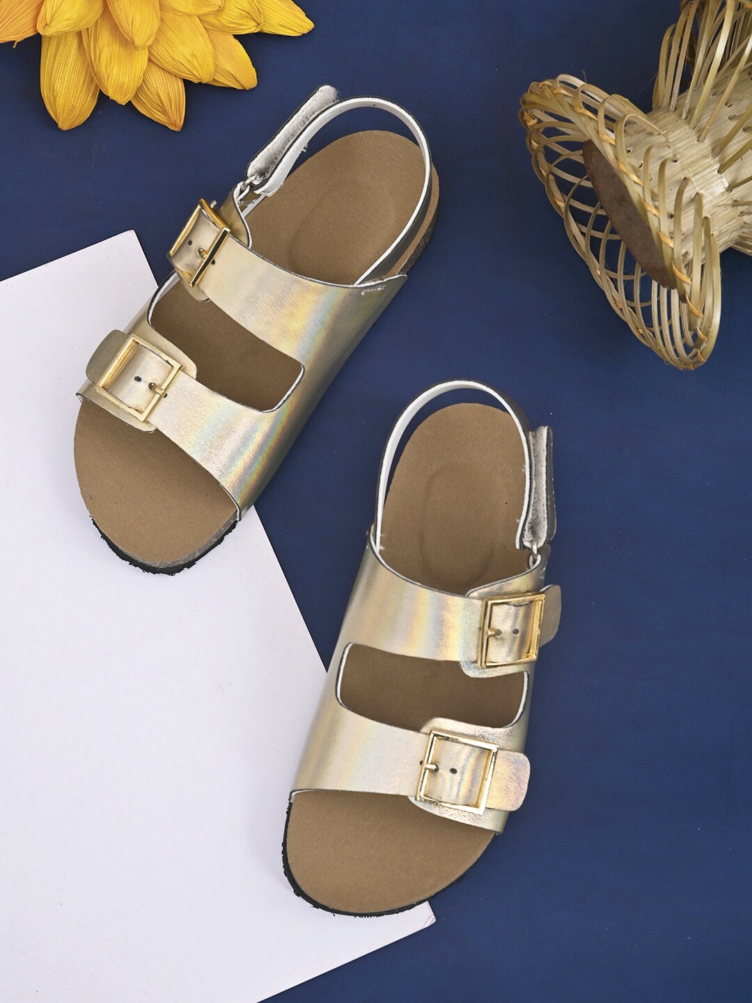 

BRISKERS Girls Open Toe Flats With Buckles, Gold