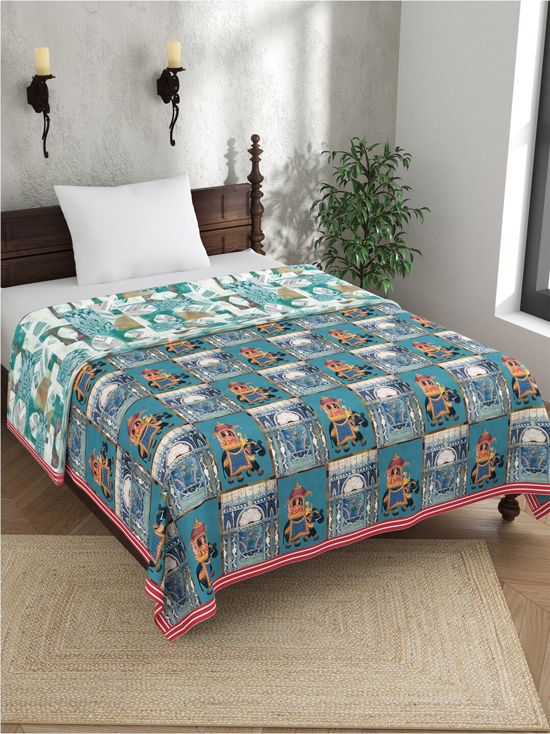 

EverHOME Sara Turquoise Blue & Green Ethnic Motifs AC Room 120 GSM Cotton Single Bed Dohar