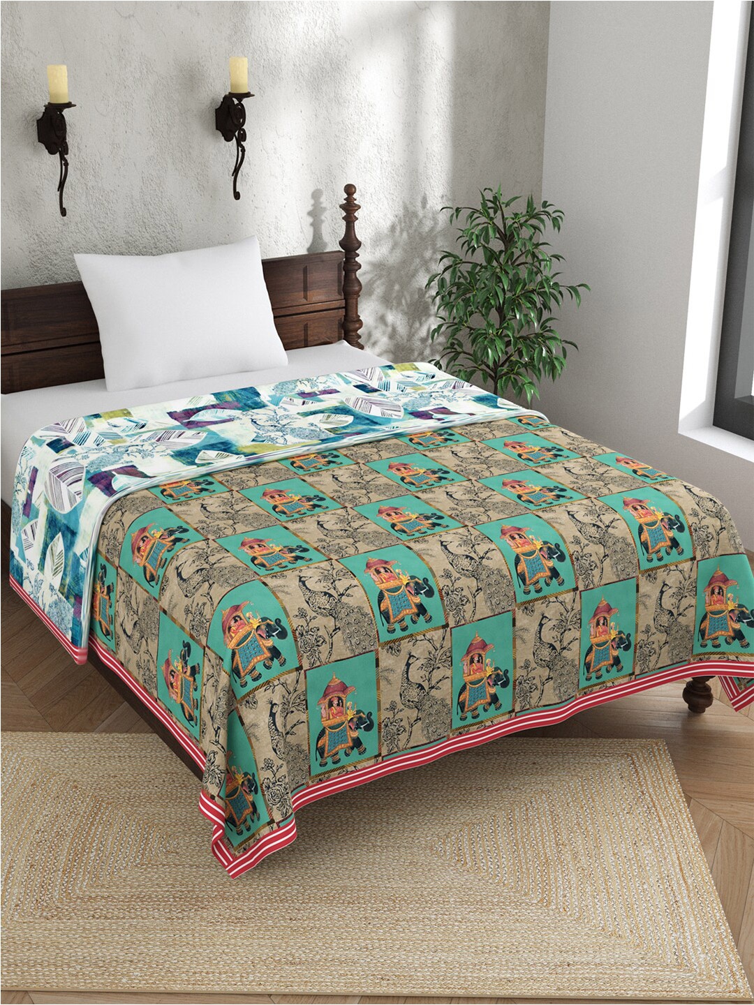 

EverHOME Sara Beige & Blue Ethnic Motifs AC Room 120 GSM Cotton Single Bed Dohar