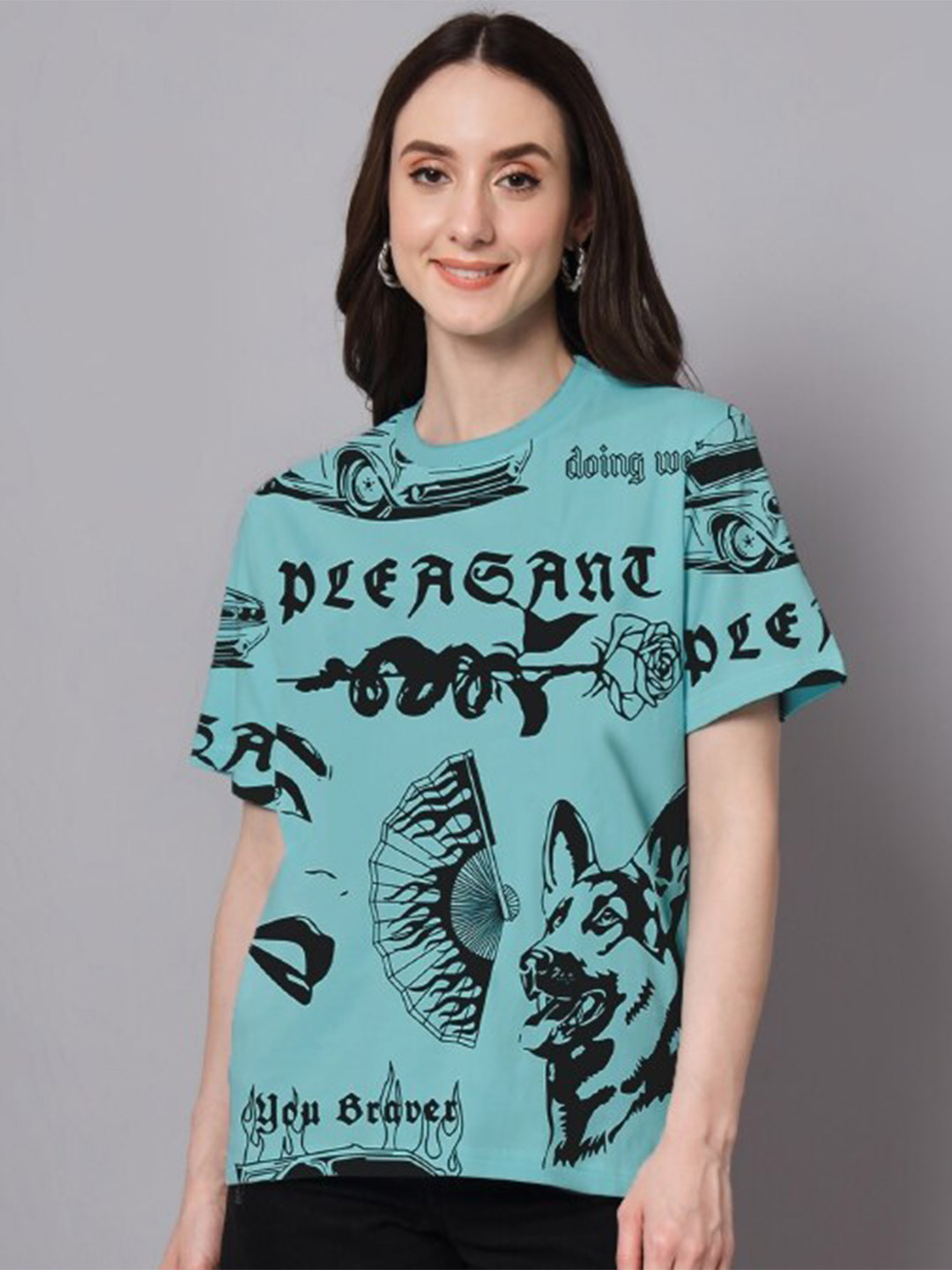 

The Dry State Turquoise Blue Graphic Printed Cotton Oversize Fit T-shirt