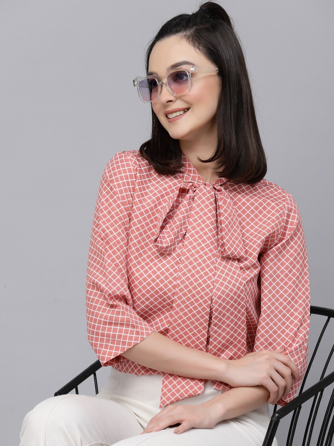 

Style Quotient Peach Checked Tie-Up Neck Three Quarter Sleeves Top