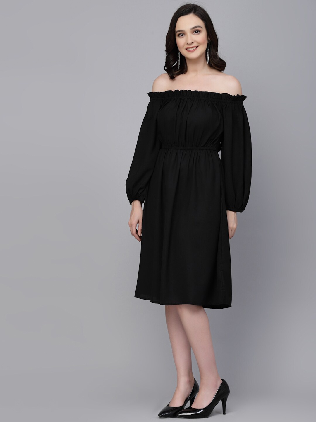 

Style Quotient Black Off-Shoulder Puff Sleeve Fit & Flare Midi Dress