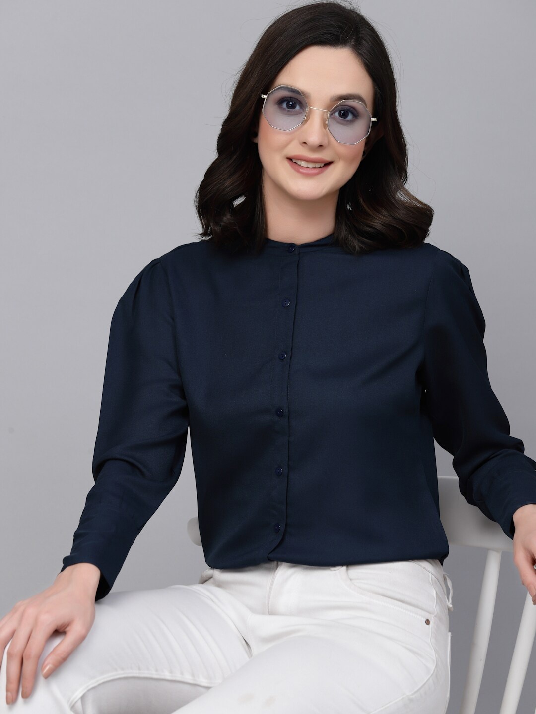 

Style Quotient Smart Opaque Mandarin Collar Casual Shirt, Navy blue