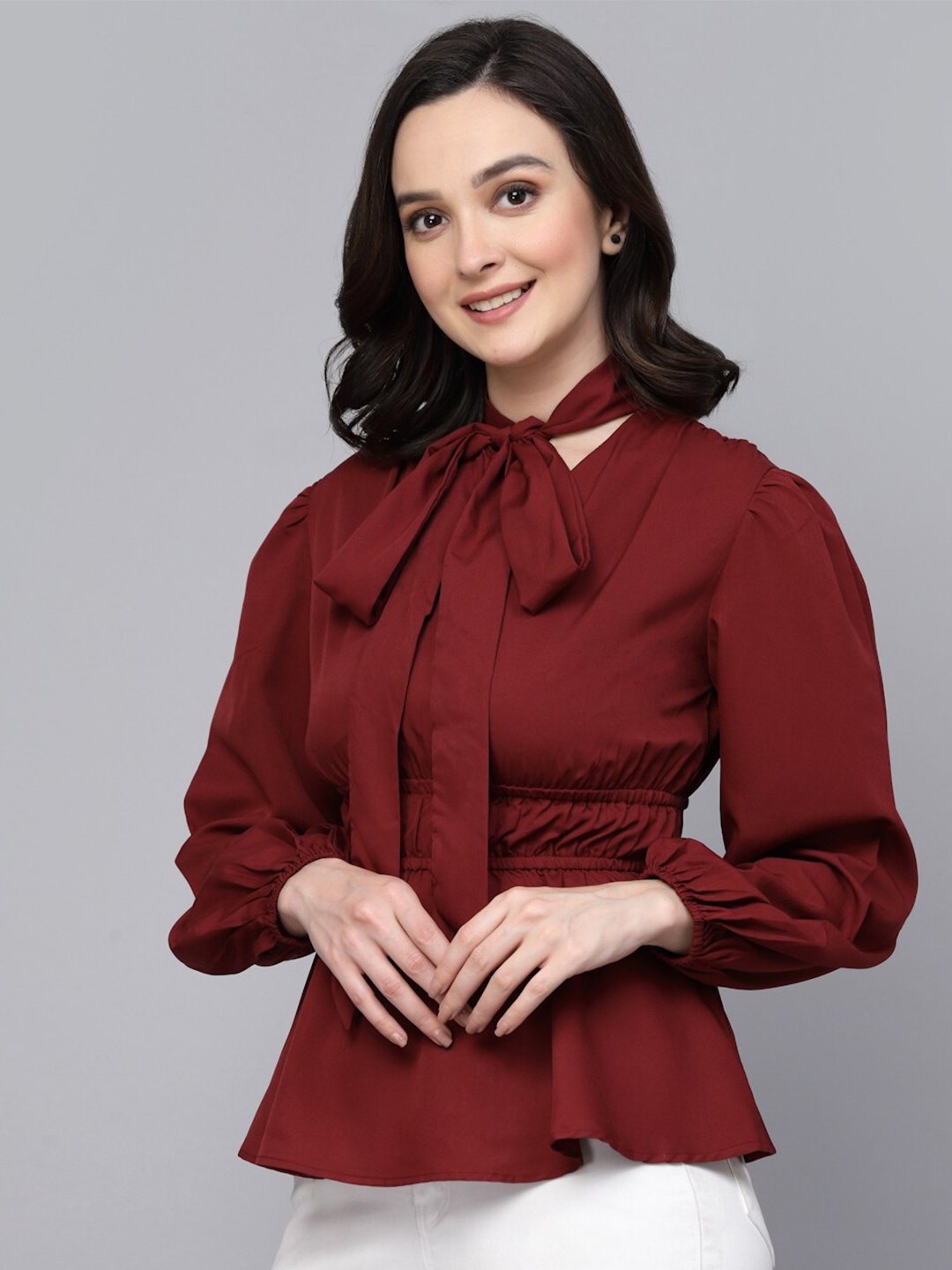 

Style Quotient Maroon Tie-Up Neck Long Puff Sleeve Peplum Top