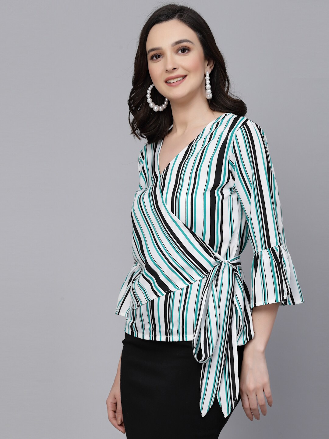 

Style Quotient White & Green Striped V Neck Bell Sleeve Wrap Top