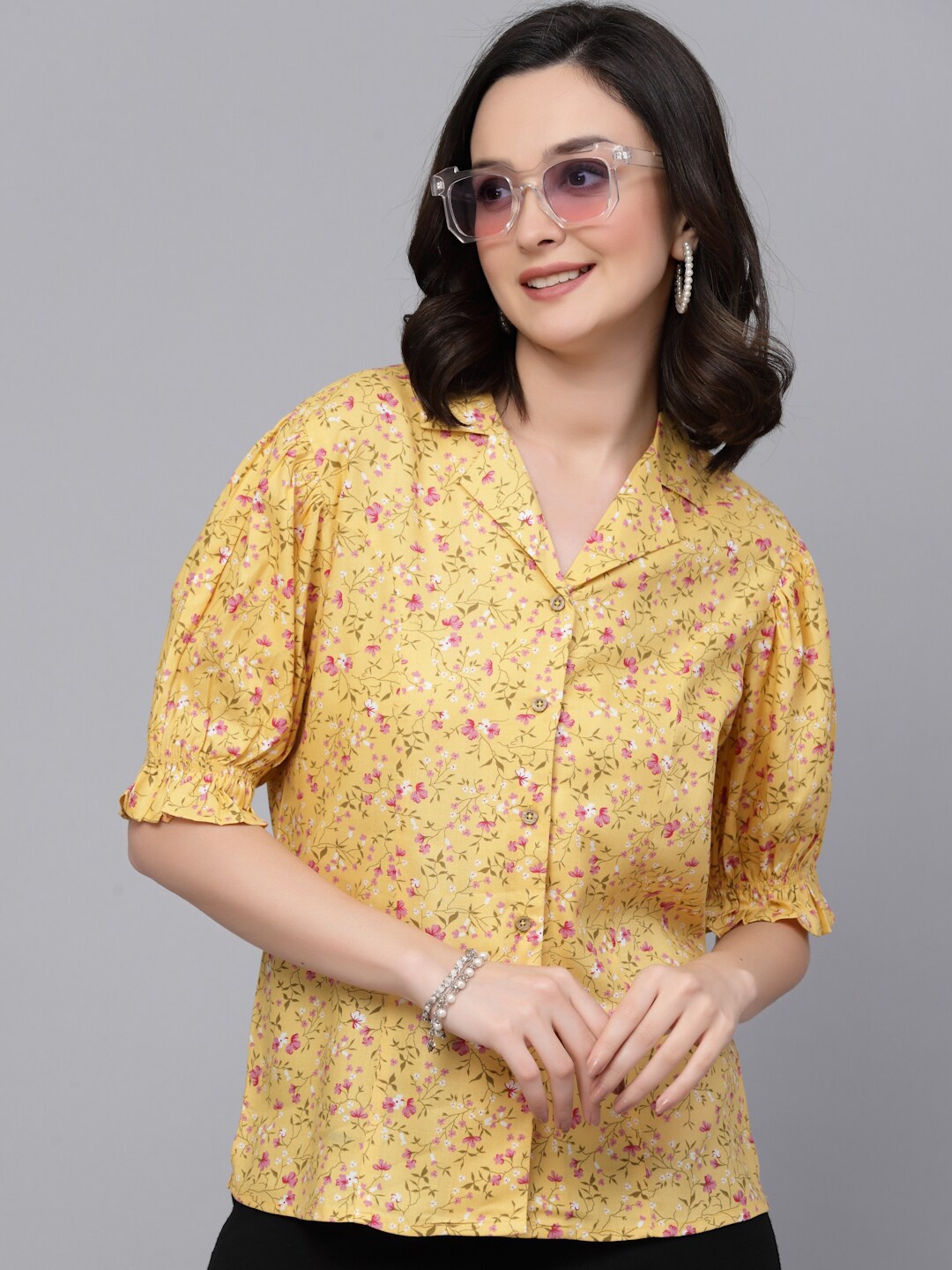 

Style Quotient Floral Printed Cuban Collar Puff Sleeve Shirt Style Top, Yellow