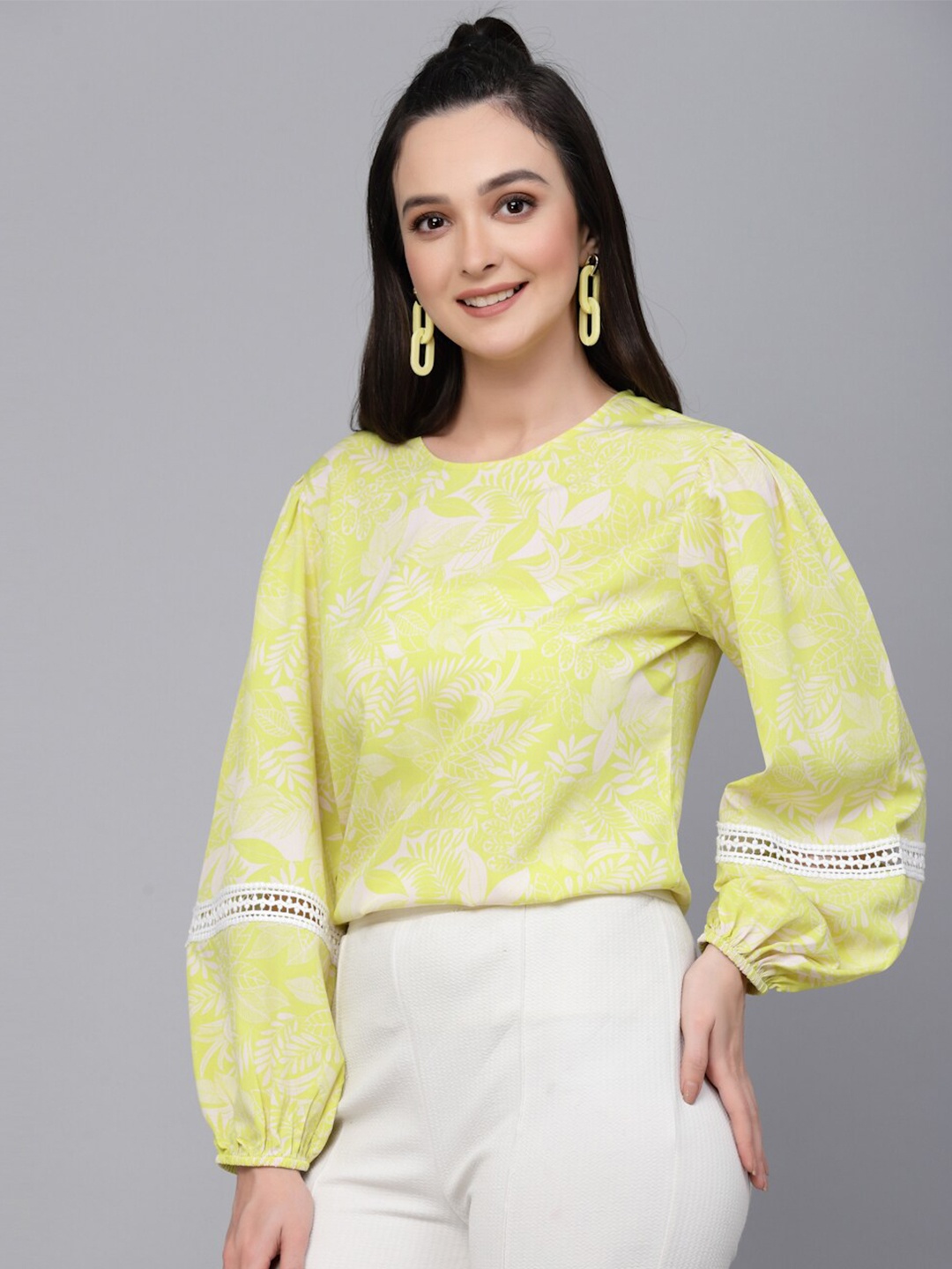 

Style Quotient Tropical Printed Puff Sleeve Top, Yellow