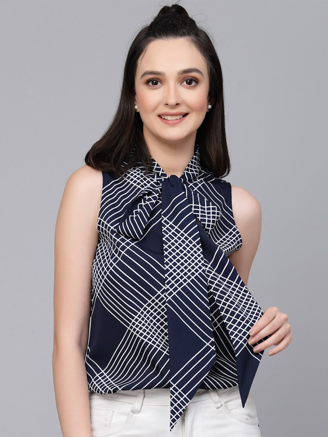 

Style Quotient Navy Blue Geometric Tie-Up Neck Sleeveless Top
