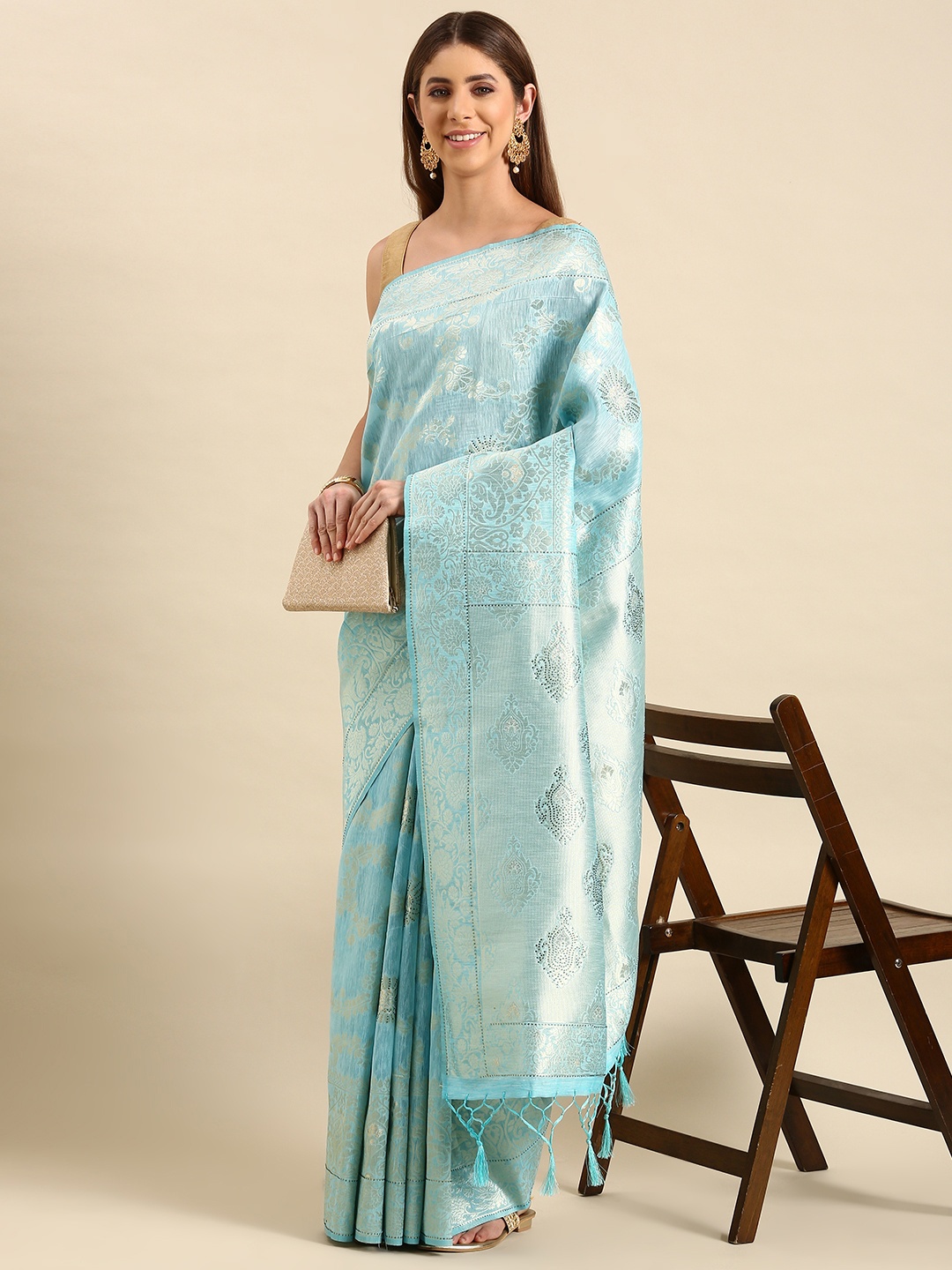 

Mitera Woven Design Floral Zari Art Silk Banarasi Saree, Blue