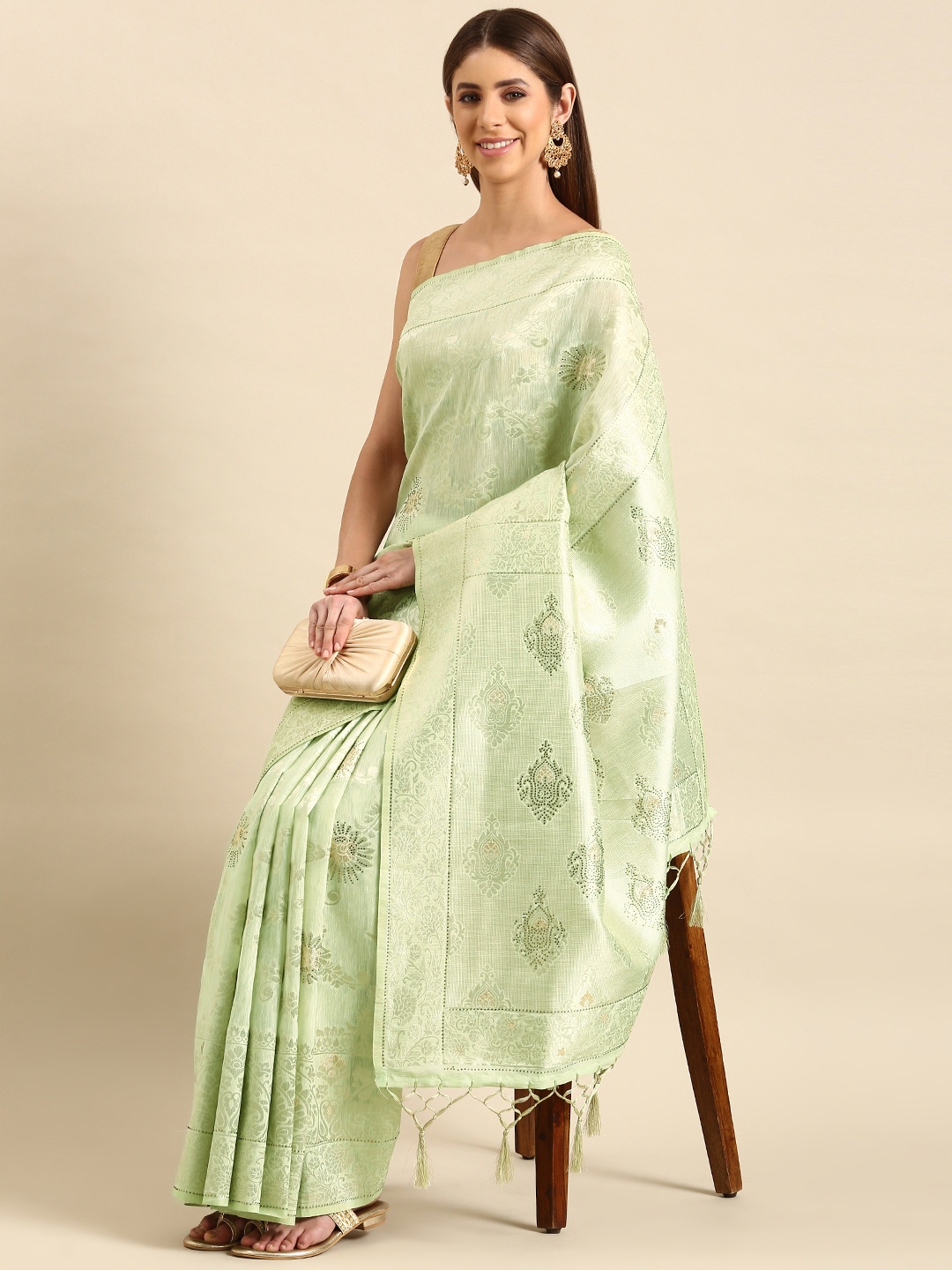 

Mitera Woven Design Floral Zari Art Silk Banarasi Saree, Green
