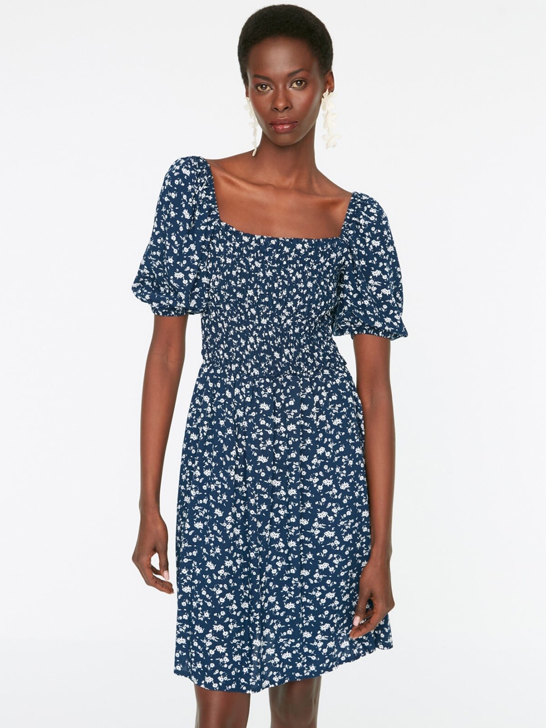 

Trendyol Floral Printed Square Neck Smocked Fit & Flare Dress, Blue